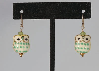 Greenwood Designs Ceramic Owl Green Quartz Accent gf Gold Hook Dangle Earrings - Image 1 of 2