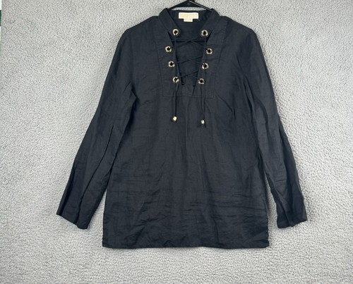 Camicia Michael Kors donna media nera manica lunga stringata blusa lino top