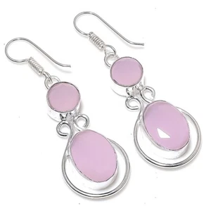 Rose Quartz Gemstone Handmade 925 Sterling Silver Jewelry Earring Size 2" - Picture 1 of 1