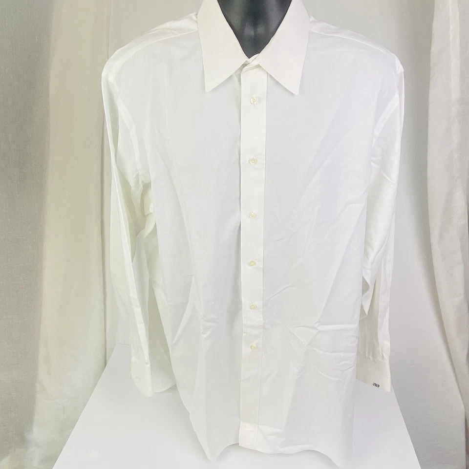 Tom James Poplin Shirt LS Spread Collar White Fine Cotton Jacquard Stripe As Is - Image 1 of 4