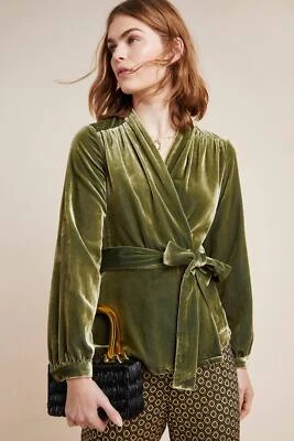 ANTHROPOLOGIE MOULINETTE SOEURS Vivienne Velvet Belted Wrap Top Sz M - Image 1 of 4