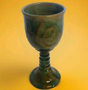 Vintage Handmade Green and Brown Pottery Ceramic Wine Glass Chalice Goblet (7") - Picture 1 of 8