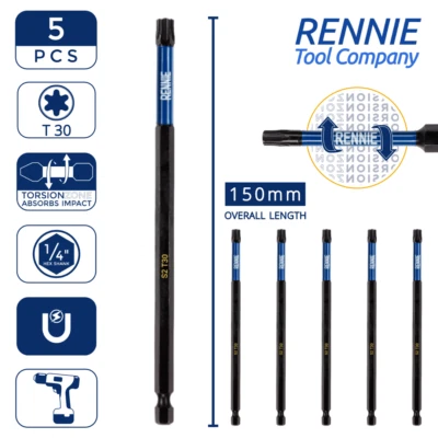 RENNIE TOOL COMAPNY 5 Pack T30 Torx 150mm Long Magnetic Impact Duty Screwdriver Drill Driver Bits 6"