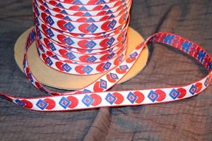 Vtg 5yds x 1/2" Jacquard Woven Geometric Ribbon Embroidered TRIM Red,White/Blue - Picture 1 of 11