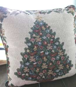 CHRISTMAS Tree Holiday Pillow Tapestry Teddy Bear Print Green Cloth Backing 16" - Picture 1 of 6