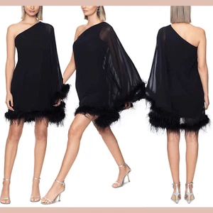 NEW Betsy & Adam [  12 ] One-Shoulder Feather-Trim Shift Dress Black Q1183 - Picture 1 of 15