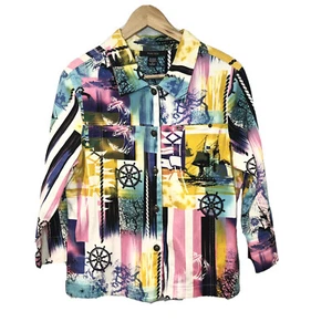 Kaktus Art To Wear Jacket Nautical Ship Anchor Wheel Watercolor Print Button Up - Picture 1 of 10