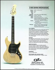 Guitarra diseñada G&L S-500 Leo Fender 1982 anuncio con especificaciones impresión de anuncio 8x11 - Imagen 1 de 3