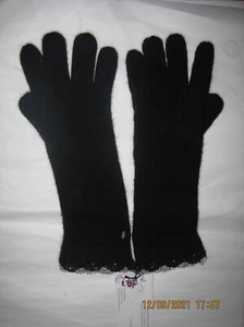 Long Black Wool Angora Blend Womans Gloves Silver Lamé Crochet Edge  One Size  - Picture 1 of 7