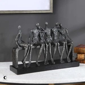 CAMARADERIE MODERN ART 15" TEXTURED AGED FINISH FRIENDS BENCH SCULPTURE STATUE - Picture 1 of 3