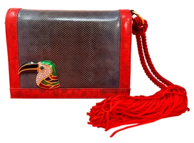 Bolso Fred Hayman Beverly Hills Azul Rojo Lagarto Tucán Pájaro Joyas Foto 1 de 4