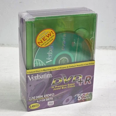 Verbatim DVR+R Recordable 4.7GB 2.4X-Speed Super Color Jewel Cases 5pk Brand New - Image 1 of 4