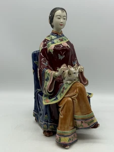 Chinese Lady Sitting in Chair Petting Cat Ceramic/Porcelain Statue Detailed 10" - Picture 1 of 16