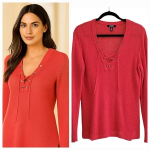 Suéter túnica Longline tejido gofre mezcla lino con cordones cuello en V talla grande - Imagen 1 de 11