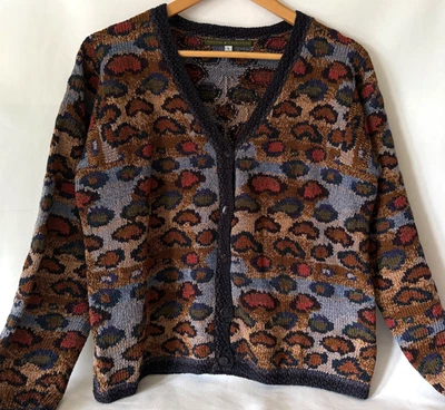 Peruvian Connection Leopard Pima Cotton V-Neck Knit Cardigan Size L - Image 1 of 4