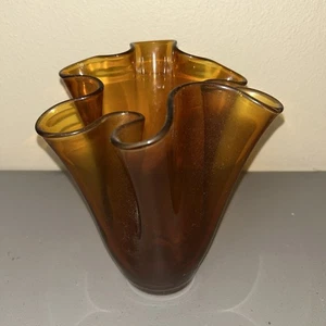 Vintage MCM Ruffle Handkerchief Glass Vase Amber Brown Color Poland 8” - Picture 1 of 3
