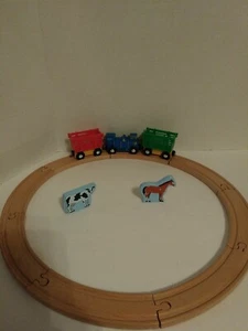 Melissa & Doug Wooden Train Transportation Track Set With 3 Trains, 2 Animals - Picture 1 of 4