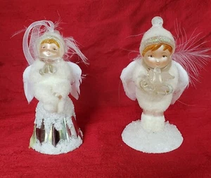 Set Of 2 Angel Christmas Figurine Ornaments Glass Flocked Feathers Vintage - Picture 1 of 6