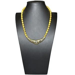 Gold Genuine Pearls Pendant Bronze Necklace Rhinestones Swirl Vintage Adjust EUC - Picture 1 of 10