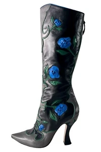 MIU MIU BLACK LEATHER BOOTS WITH BLUE ROSES 2012 - Picture 1 of 7