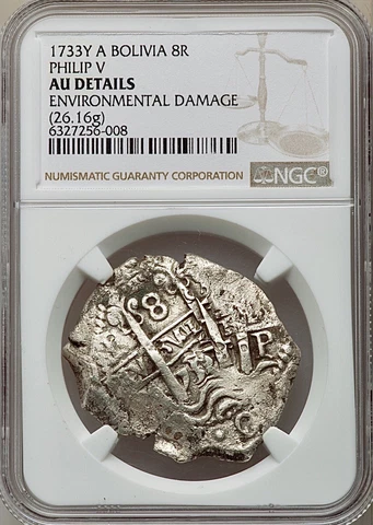 1733 Y-A Bolivia Philip V 8 Real Silver NGC AU Details Gorgeous De Yllana Cob Cover