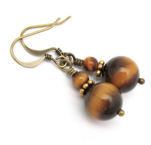 Tigers Eye Earrings Gemstone Beaded Antiqued Brass Mothers Day Gift for Her