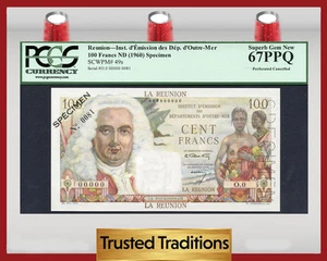 TT PK 49s 1960 REUNION 100 FRANCS SPECIMEN PCGS 67 PPQ SUPERB GEM FINEST KNOWN! - Bild 1 von 2