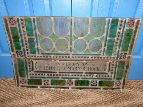 Antique Church Stained Glass Window Panel with Personalized Dedication, Salvage Cover