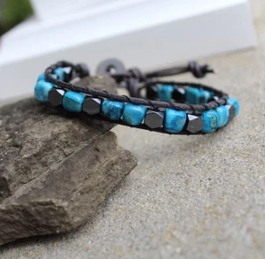 Men's Blue Agate Beaded Leather Wrap Bracelet Weather Grey Leather Bracelet - Picture 1 of 8