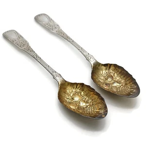 Pair Antique Danish Silver Fruit Berry Serving Spoons Gilt Vermeil Three Towers - Picture 1 of 12
