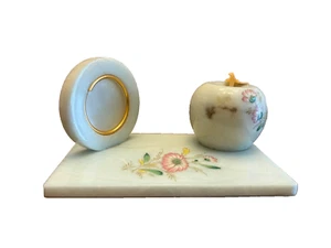 Desk Set Signed Flori Alabaster Hand Carved Italian Marble Green Bakelite Leaf - Picture 1 of 11