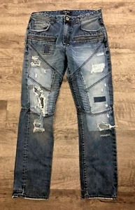 Akoo No Rivals Distressed Denim Hip Hop Jeans Zipper 34 x 31 Patch Bleach Holes - Picture 1 of 9
