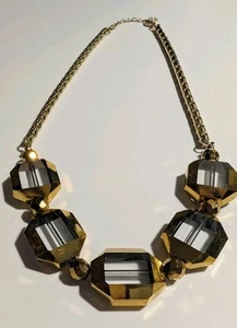 Chunky Gold Faceted Statement Necklace Clear Geometric Beads Gold Chain Vintage - Picture 1 of 7