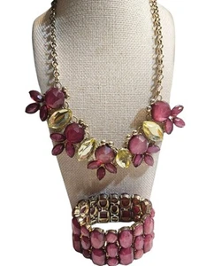 Traci Lynn Statement Necklace With Matching Bracelet 18" Lt Burgandy Faux Stones - Picture 1 of 5