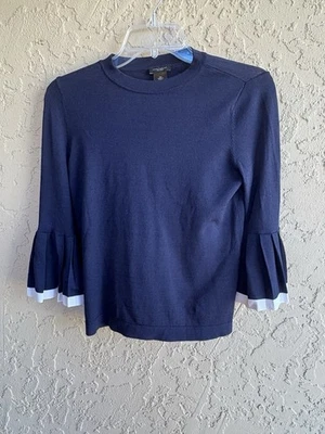 Ann Taylor Navy Knit Crew Neck Sz  XS White Trimmed Bell Sleeve Woman’s Sweater - Image 1 of 4