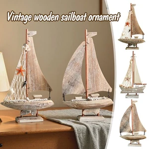 Vintage Mediterranean Style Wooden Sailboat Model Handcrafted Desktop Ornament - Picture 1 of 18