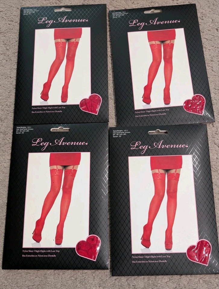 Leg Avenue Lote 4 Altos Muslos Transparentes de Nailon Rojo con Encaje Talla 90-165 lb Nuevo Foto 1 de 3