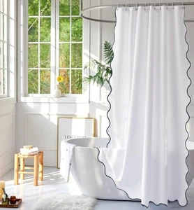 White Fabric with Grey Scalloped Border Shower Curtain,Boho Chic Cloth Shower... - Picture 1 of 7