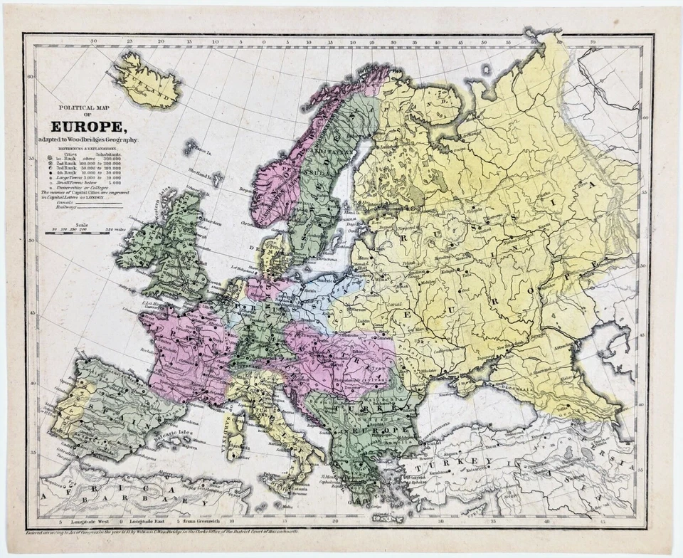 1843  EUROPE  Political Map ORIGINAL (10.5x8.5)  William Woodbridge ANTIQUE - Image 1 of 3