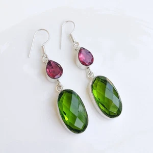 Fino Peridoto Topacio ''Rubelita Gema 925 Plata de Ley Hecho a Mano Pendientes - Imagen 1 de 3