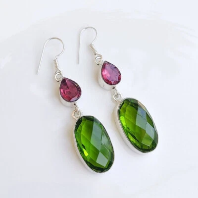 Fein Peridot Topas '' Rubellit Edelstein 925 Sterlingsilber Handmade Ohrring - Bild 1 von 3