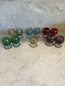 Vintage Colored Glass Painted Silver Trimmed Brandy Glasses set of 11 - Picture 1 of 10