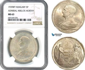 AH637, Hungary, Miklos Horthy, 5 Pengo 1939 BP, Budapest Mint, Silver, NGC MS63 - Picture 1 of 1