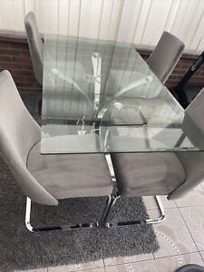 Dining Table and Chairs for 6. Glass, Suede And Chrome