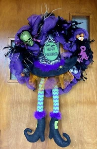 XL 32" Halloween Witch Wreath Hat Legs Purple Black Front Door Decor Decoration - Picture 1 of 8