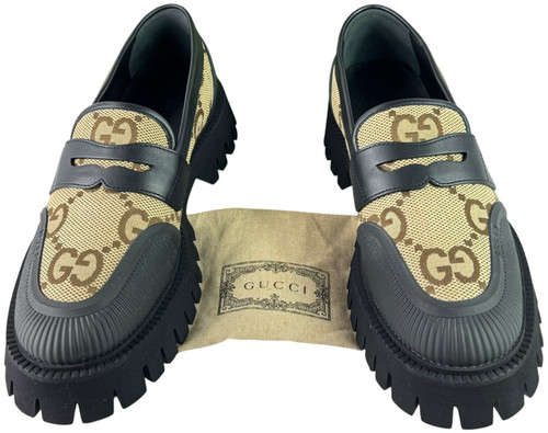 Mocassini uomo Gucci 739776 cammello ebano tela gomma nera suola Miro GG 9 5 10US