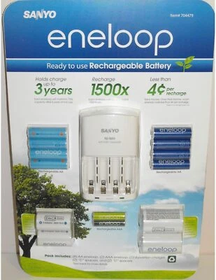 BRAND NEW SANYO ENELOOP 8 AA & 2 AAA BATTERIES W/ CHARGER & 2 C and 2 D Adapters - Image 1 of 4