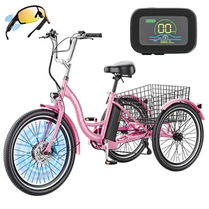 MOONCOOL 24 inch Pink 7 Speeds Electric Trike for Woman Female Tricycle 350W - Picture 1 of 10