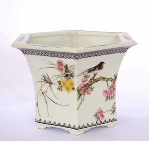 1970's Chinese Famille Rose Porcelain Planter Pot Crane Bird Flower Butterfly - Picture 1 of 10