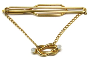 Gold Square Forever Knot Tie Bar Clip Chain Pendant White Tips Vintage Mens Wear - Picture 1 of 3